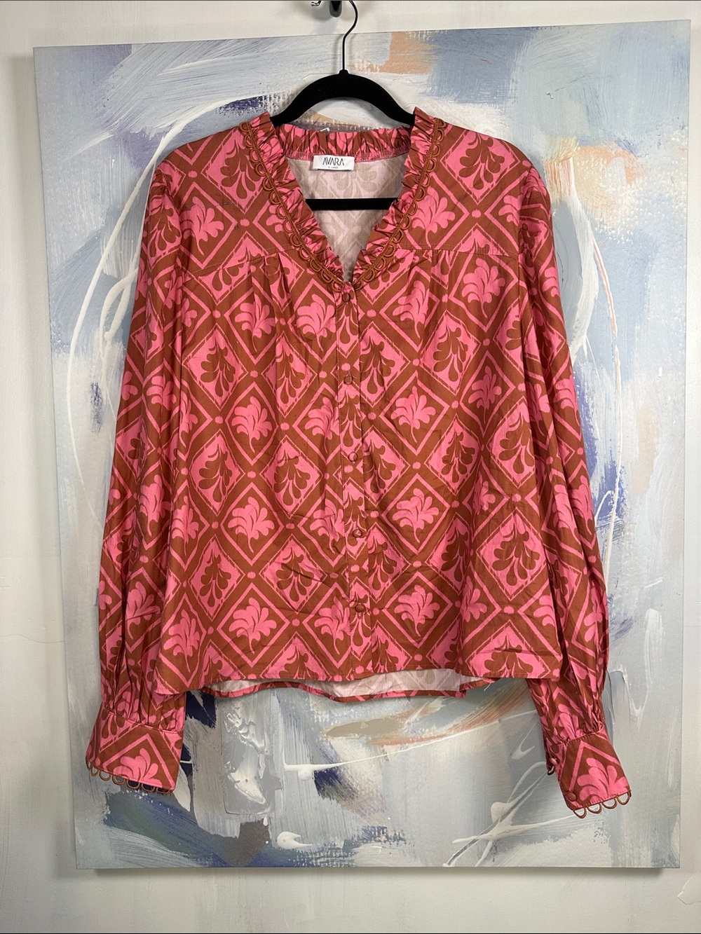 Avara Pink Brown Arabella Floral Blouse XLarge Boho Embroidered Ruffle Neck